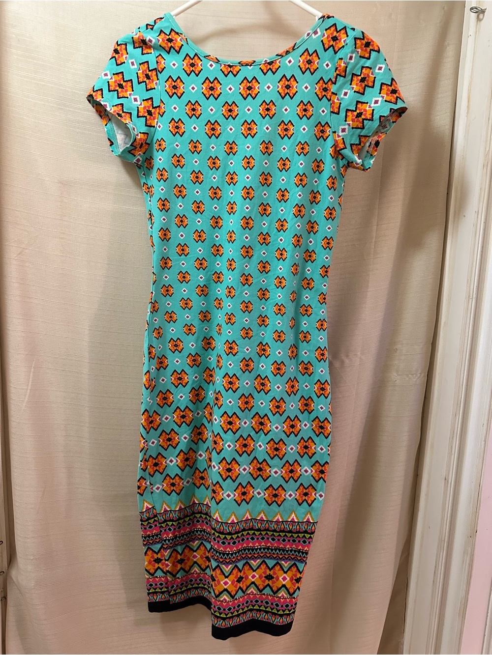 Love J BOGO Aztec Print Bodycon Dress Low Back Stretch Knit Turquoise Size L ⚫️